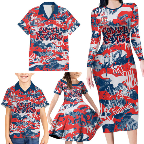 Sydney Roosters Rugby Family Matching Long Sleeve Bodycon Dress and Hawaiian Shirt Graffiti Typography Urban Camo Abstract Street Style