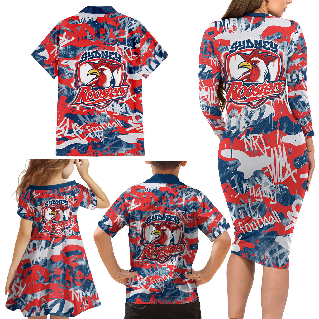 Sydney Roosters Rugby Family Matching Long Sleeve Bodycon Dress and Hawaiian Shirt Graffiti Typography Urban Camo Abstract Street Style