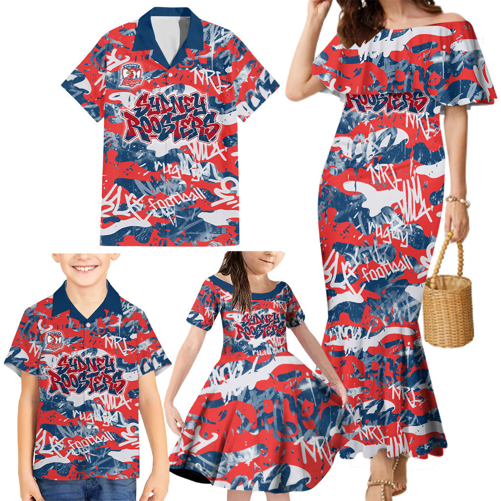 Sydney Roosters Rugby Family Matching Mermaid Dress and Hawaiian Shirt Graffiti Typography Urban Camo Abstract Street Style