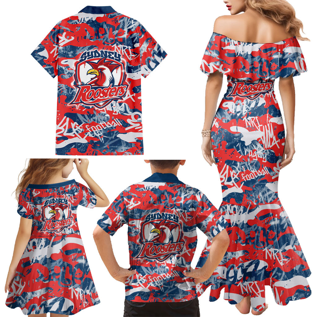 Sydney Roosters Rugby Family Matching Mermaid Dress and Hawaiian Shirt Graffiti Typography Urban Camo Abstract Street Style