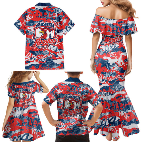 Sydney Roosters Rugby Family Matching Mermaid Dress and Hawaiian Shirt Graffiti Typography Urban Camo Abstract Street Style