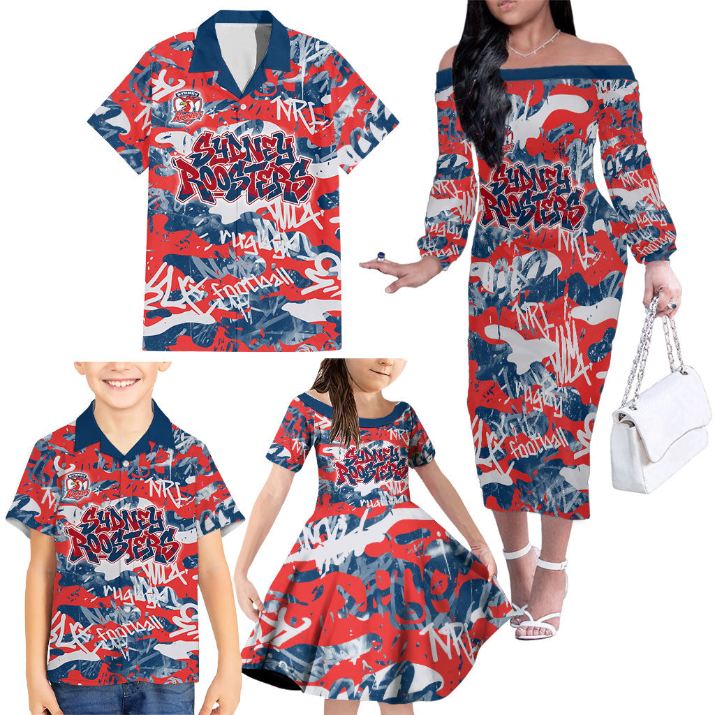Sydney Roosters Rugby Family Matching Off The Shoulder Long Sleeve Dress and Hawaiian Shirt Graffiti Typography Urban Camo Abstract Street Style