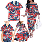 Sydney Roosters Rugby Family Matching Off The Shoulder Long Sleeve Dress and Hawaiian Shirt Graffiti Typography Urban Camo Abstract Street Style
