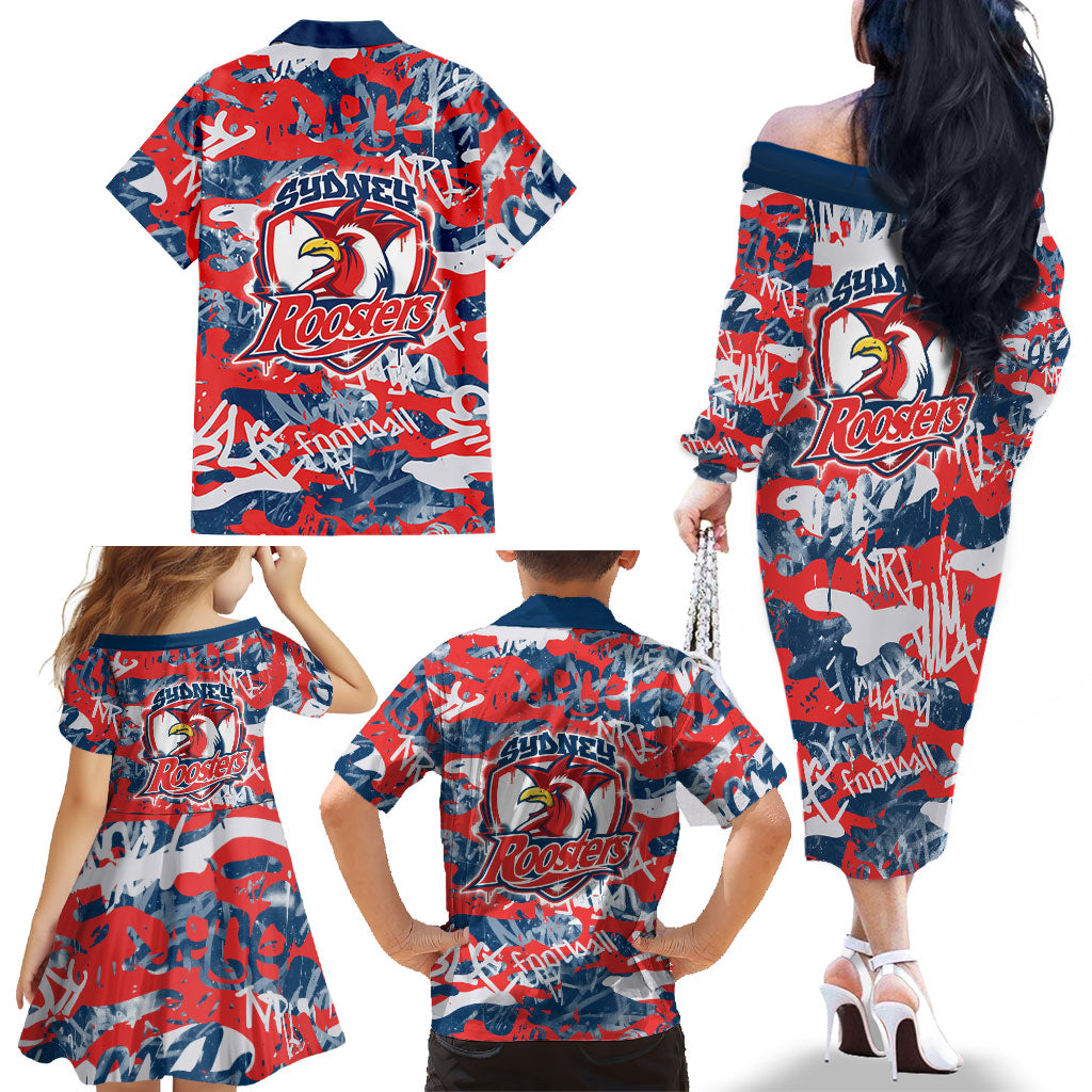 Sydney Roosters Rugby Family Matching Off The Shoulder Long Sleeve Dress and Hawaiian Shirt Graffiti Typography Urban Camo Abstract Street Style