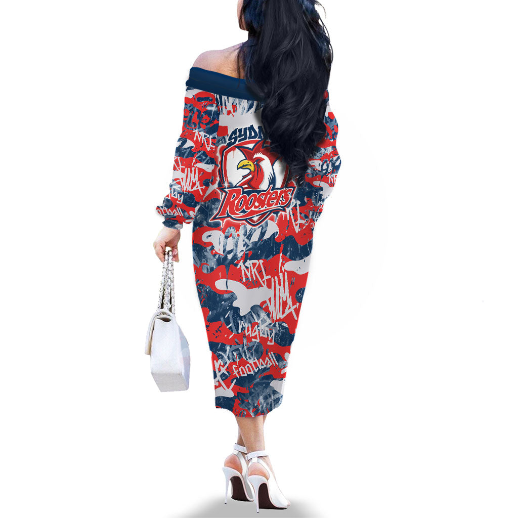 Sydney Roosters Rugby Family Matching Off The Shoulder Long Sleeve Dress and Hawaiian Shirt Graffiti Typography Urban Camo Abstract Street Style