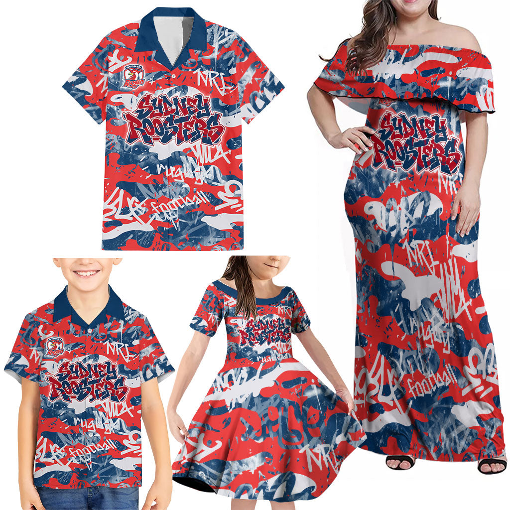 Sydney Roosters Rugby Family Matching Off Shoulder Maxi Dress and Hawaiian Shirt Graffiti Typography Urban Camo Abstract Street Style