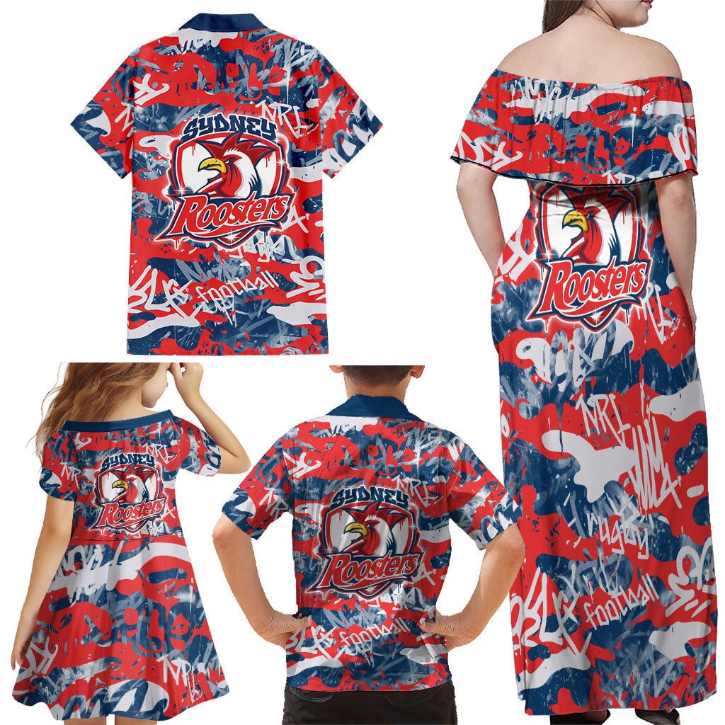 Sydney Roosters Rugby Family Matching Off Shoulder Maxi Dress and Hawaiian Shirt Graffiti Typography Urban Camo Abstract Street Style