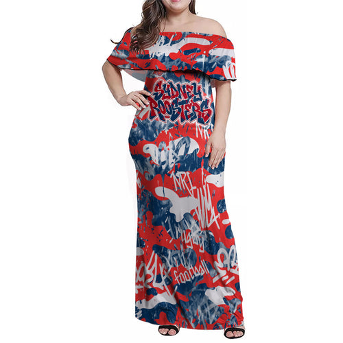 Sydney Roosters Rugby Family Matching Off Shoulder Maxi Dress and Hawaiian Shirt Graffiti Typography Urban Camo Abstract Street Style