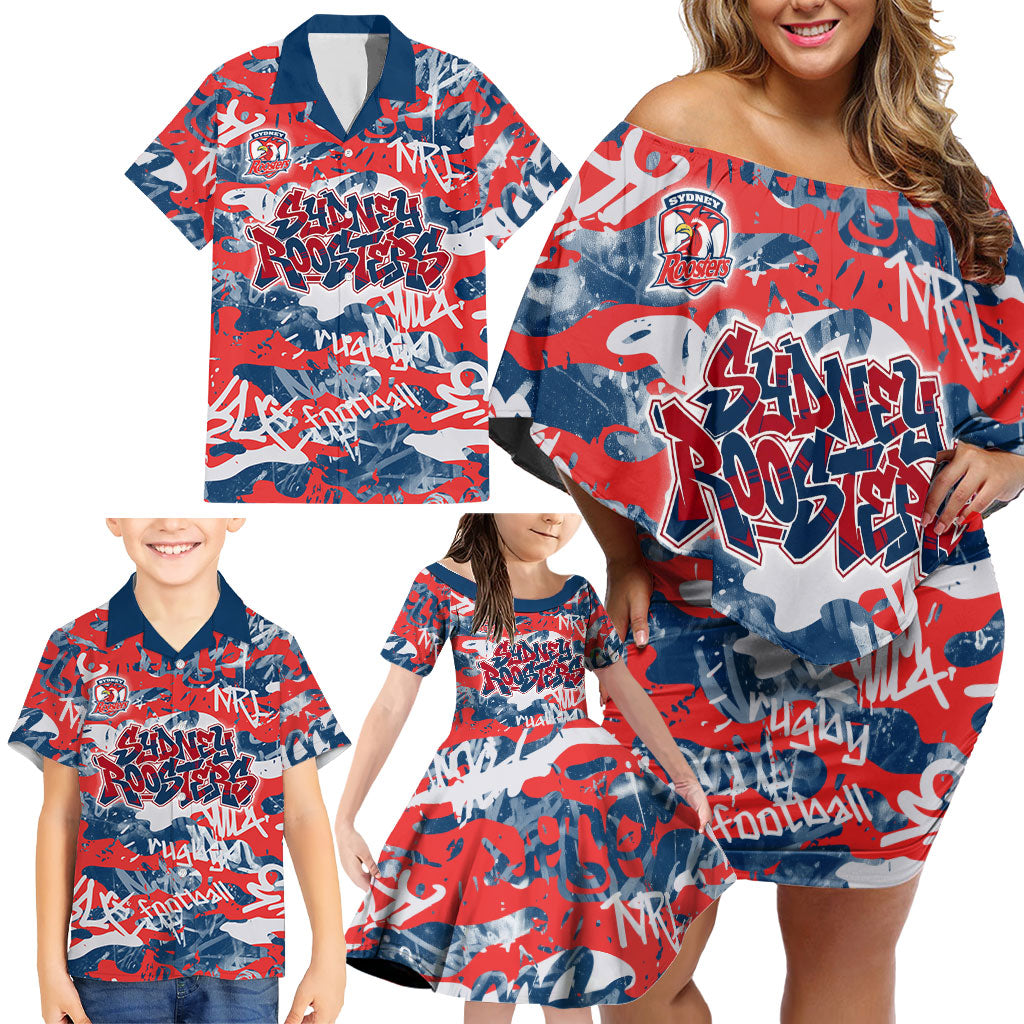 Sydney Roosters Rugby Family Matching Off Shoulder Short Dress and Hawaiian Shirt Graffiti Typography Urban Camo Abstract Street Style