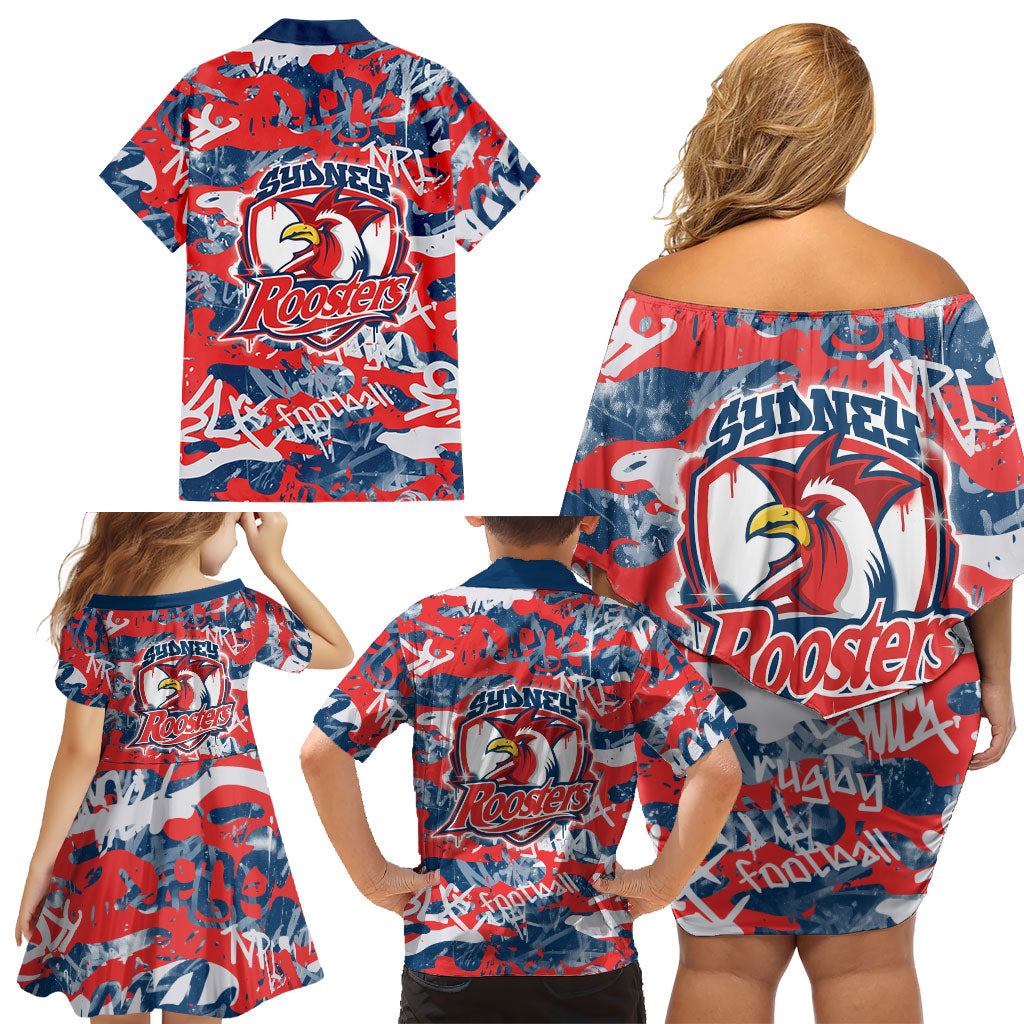 Sydney Roosters Rugby Family Matching Off Shoulder Short Dress and Hawaiian Shirt Graffiti Typography Urban Camo Abstract Street Style