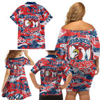 Sydney Roosters Rugby Family Matching Off Shoulder Short Dress and Hawaiian Shirt Graffiti Typography Urban Camo Abstract Street Style