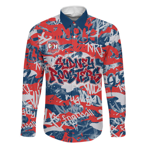 Sydney Roosters Rugby Family Matching Off Shoulder Short Dress and Hawaiian Shirt Graffiti Typography Urban Camo Abstract Street Style