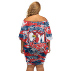 Sydney Roosters Rugby Family Matching Off Shoulder Short Dress and Hawaiian Shirt Graffiti Typography Urban Camo Abstract Street Style