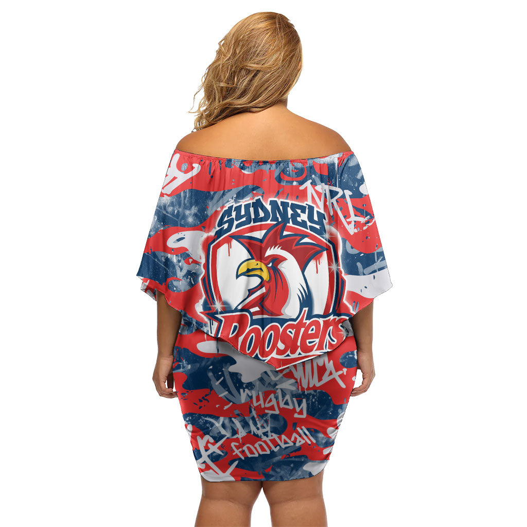 Sydney Roosters Rugby Family Matching Off Shoulder Short Dress and Hawaiian Shirt Graffiti Typography Urban Camo Abstract Street Style