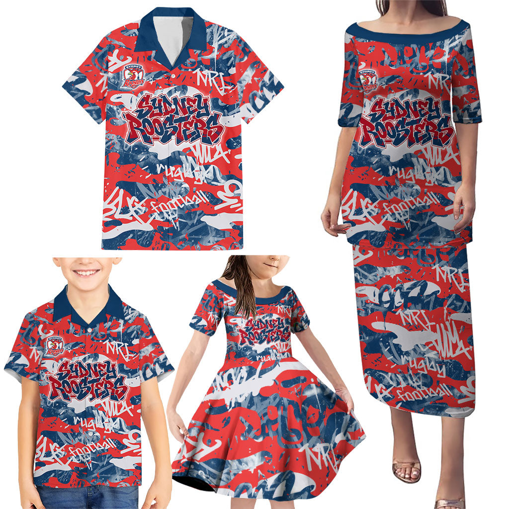 Sydney Roosters Rugby Family Matching Puletasi and Hawaiian Shirt Graffiti Typography Urban Camo Abstract Street Style