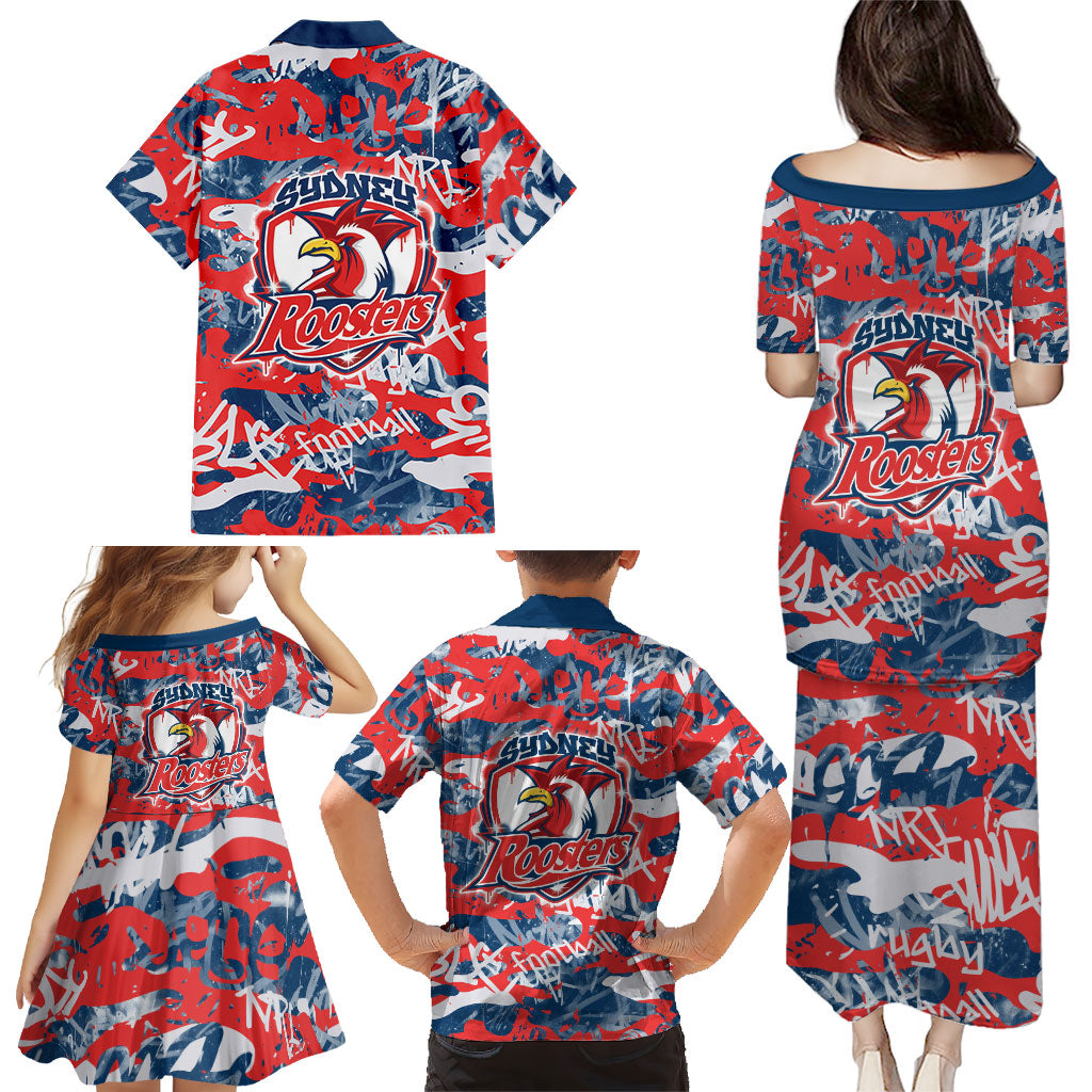 Sydney Roosters Rugby Family Matching Puletasi and Hawaiian Shirt Graffiti Typography Urban Camo Abstract Street Style