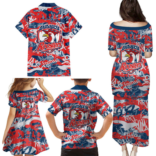 Sydney Roosters Rugby Family Matching Puletasi and Hawaiian Shirt Graffiti Typography Urban Camo Abstract Street Style