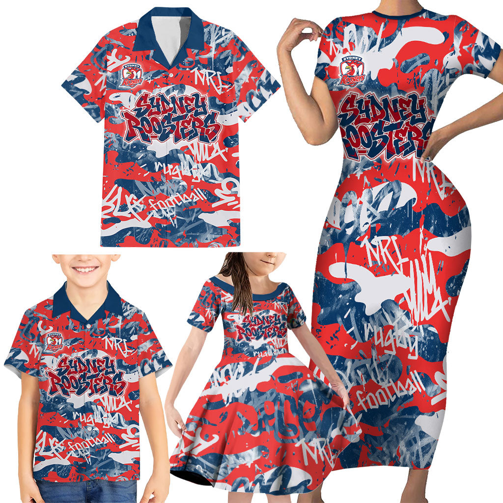 Sydney Roosters Rugby Family Matching Short Sleeve Bodycon Dress and Hawaiian Shirt Graffiti Typography Urban Camo Abstract Street Style