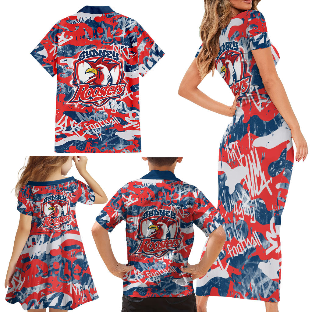 Sydney Roosters Rugby Family Matching Short Sleeve Bodycon Dress and Hawaiian Shirt Graffiti Typography Urban Camo Abstract Street Style