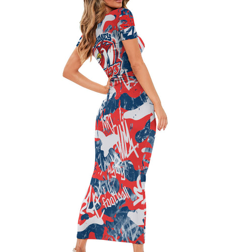 Sydney Roosters Rugby Family Matching Short Sleeve Bodycon Dress and Hawaiian Shirt Graffiti Typography Urban Camo Abstract Street Style