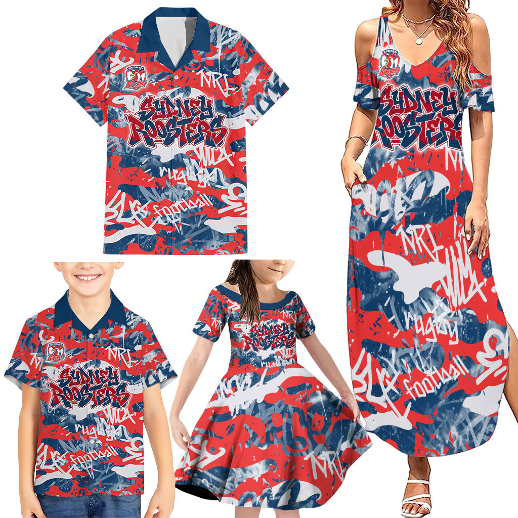 Sydney Roosters Rugby Family Matching Summer Maxi Dress and Hawaiian Shirt Graffiti Typography Urban Camo Abstract Street Style