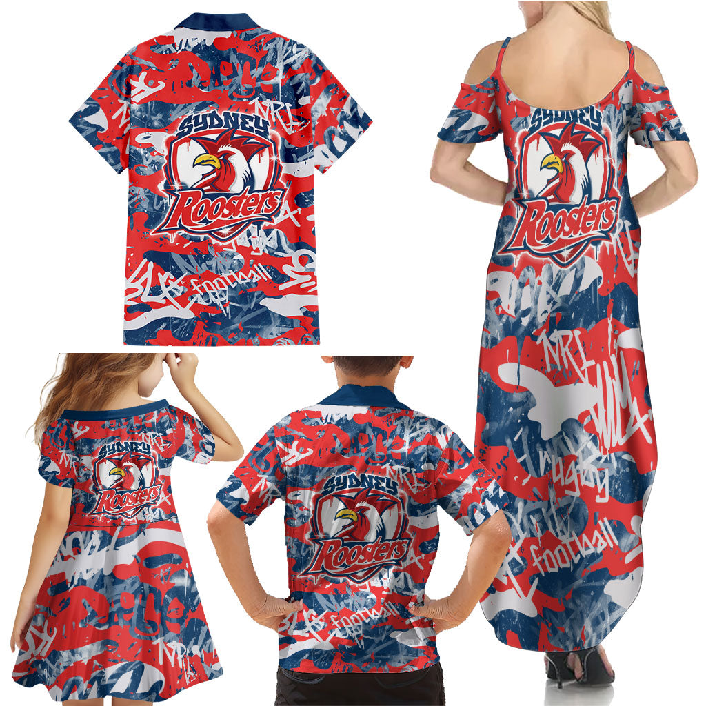 Sydney Roosters Rugby Family Matching Summer Maxi Dress and Hawaiian Shirt Graffiti Typography Urban Camo Abstract Street Style
