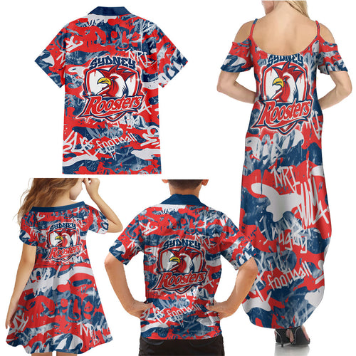 Sydney Roosters Rugby Family Matching Summer Maxi Dress and Hawaiian Shirt Graffiti Typography Urban Camo Abstract Street Style