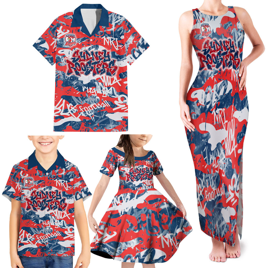 Sydney Roosters Rugby Family Matching Tank Maxi Dress and Hawaiian Shirt Graffiti Typography Urban Camo Abstract Street Style