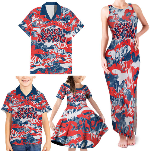 Sydney Roosters Rugby Family Matching Tank Maxi Dress and Hawaiian Shirt Graffiti Typography Urban Camo Abstract Street Style