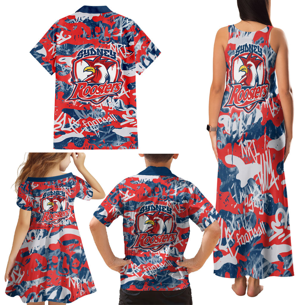 Sydney Roosters Rugby Family Matching Tank Maxi Dress and Hawaiian Shirt Graffiti Typography Urban Camo Abstract Street Style