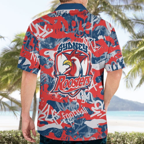 Sydney Roosters Rugby Hawaiian Shirt Graffiti Typography Urban Camo Abstract Street Style