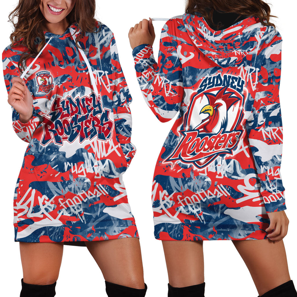 Sydney Roosters Rugby Hoodie Dress Graffiti Typography Urban Camo Abstract Street Style