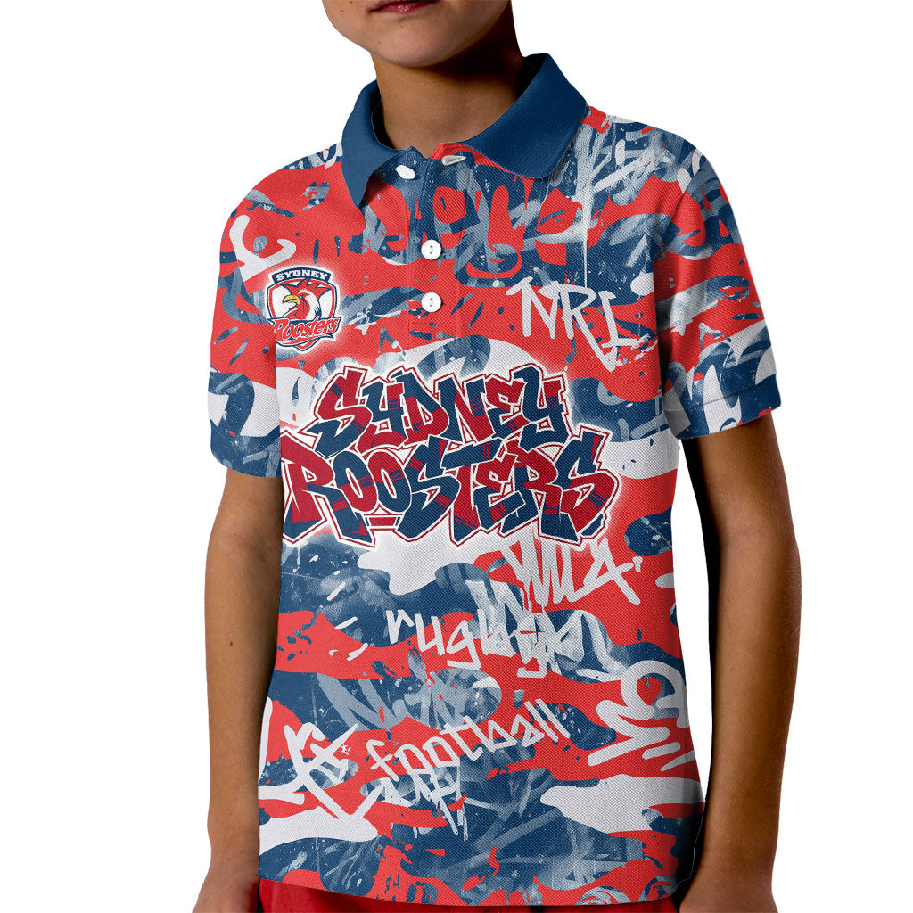 Sydney Roosters Rugby Kid Polo Shirt Graffiti Typography Urban Camo Abstract Street Style