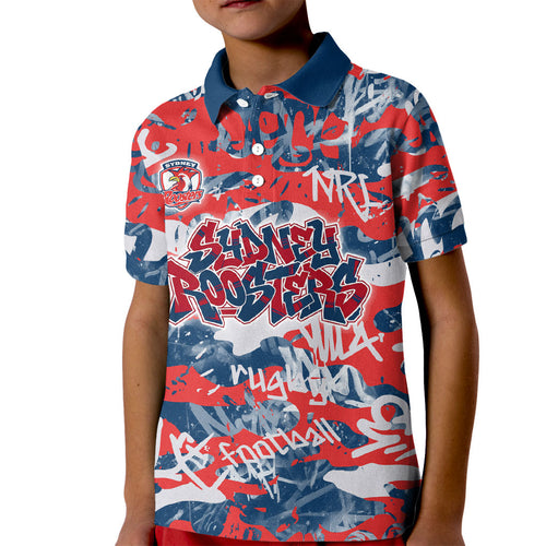 Sydney Roosters Rugby Kid Polo Shirt Graffiti Typography Urban Camo Abstract Street Style