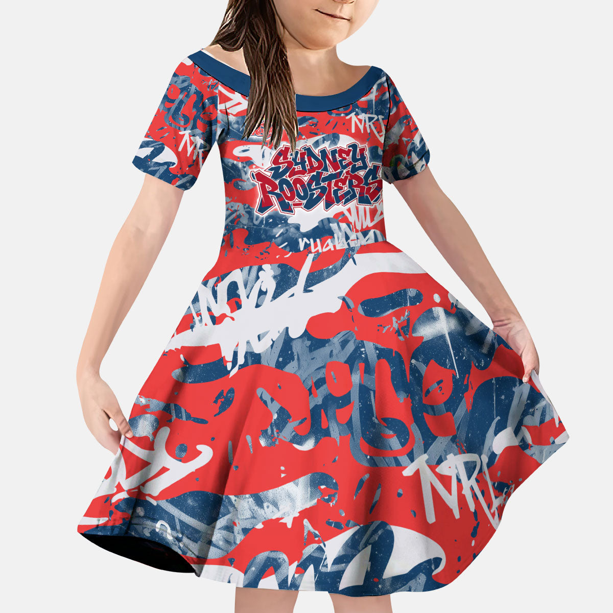 Sydney Roosters Rugby Kid Short Sleeve Dress Graffiti Typography Urban Camo Abstract Street Style