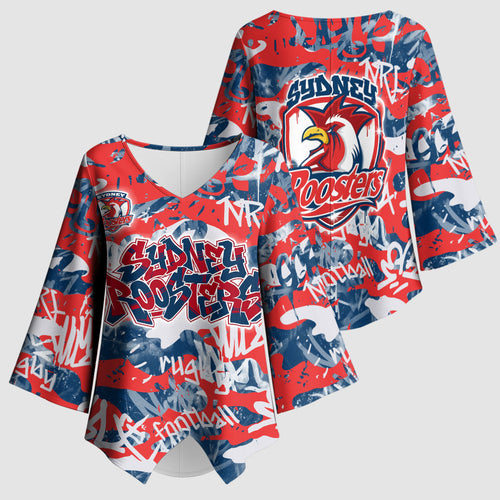 Sydney Roosters Rugby Kimono Sleeve Blouse Graffiti Typography Urban Camo Abstract Street Style