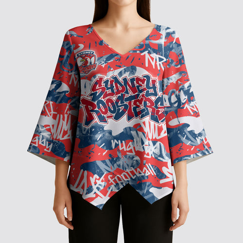 Sydney Roosters Rugby Kimono Sleeve Blouse Graffiti Typography Urban Camo Abstract Street Style