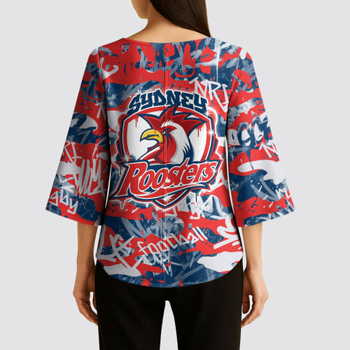 Sydney Roosters Rugby Kimono Sleeve Blouse Graffiti Typography Urban Camo Abstract Street Style