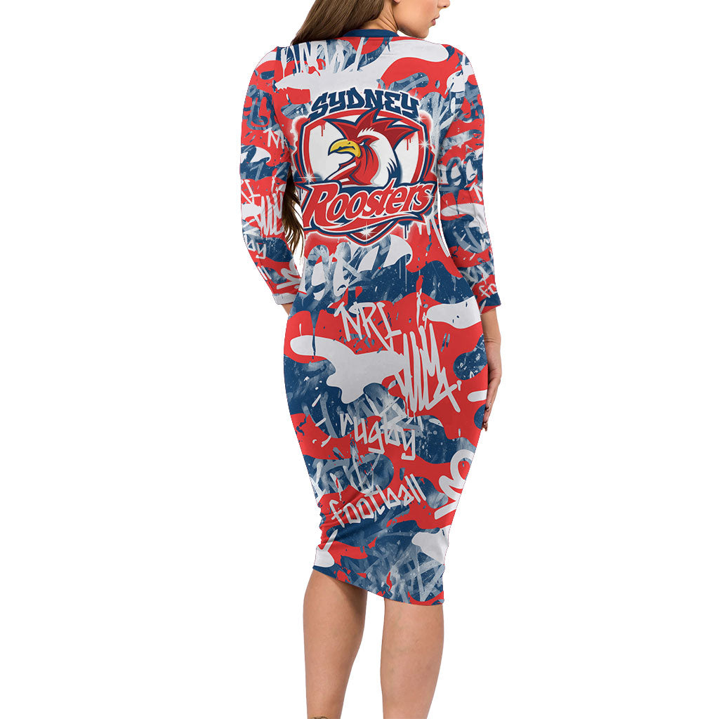 Sydney Roosters Rugby Long Sleeve Bodycon Dress Graffiti Typography Urban Camo Abstract Street Style