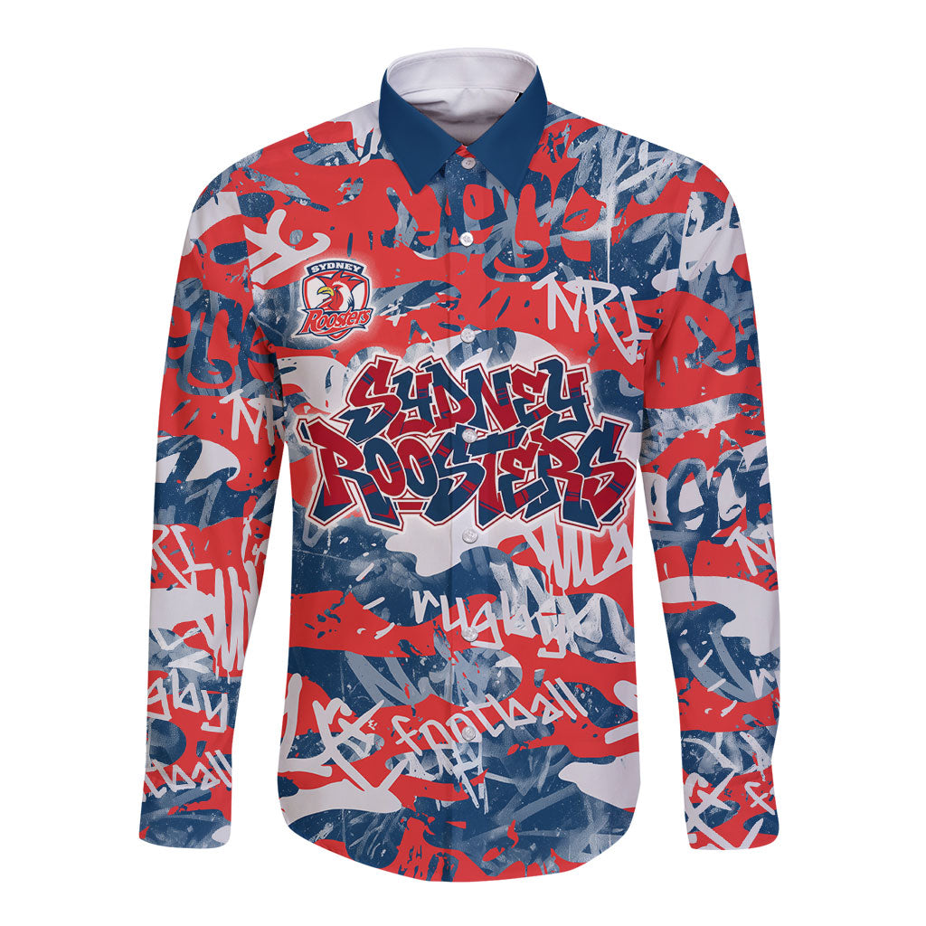 Sydney Roosters Rugby Long Sleeve Button Shirt Graffiti Typography Urban Camo Abstract Street Style