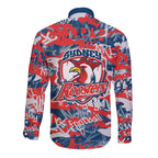 Sydney Roosters Rugby Long Sleeve Button Shirt Graffiti Typography Urban Camo Abstract Street Style