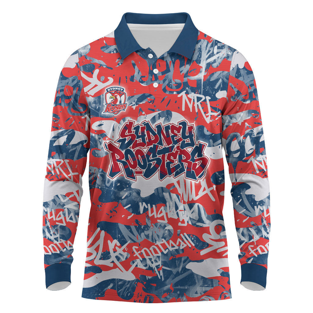 Sydney Roosters Rugby Long Sleeve Polo Shirt Graffiti Typography Urban Camo Abstract Street Style
