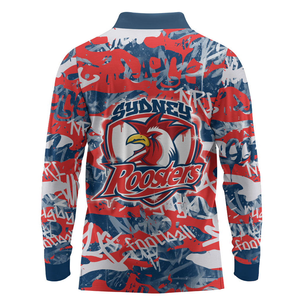 Sydney Roosters Rugby Long Sleeve Polo Shirt Graffiti Typography Urban Camo Abstract Street Style