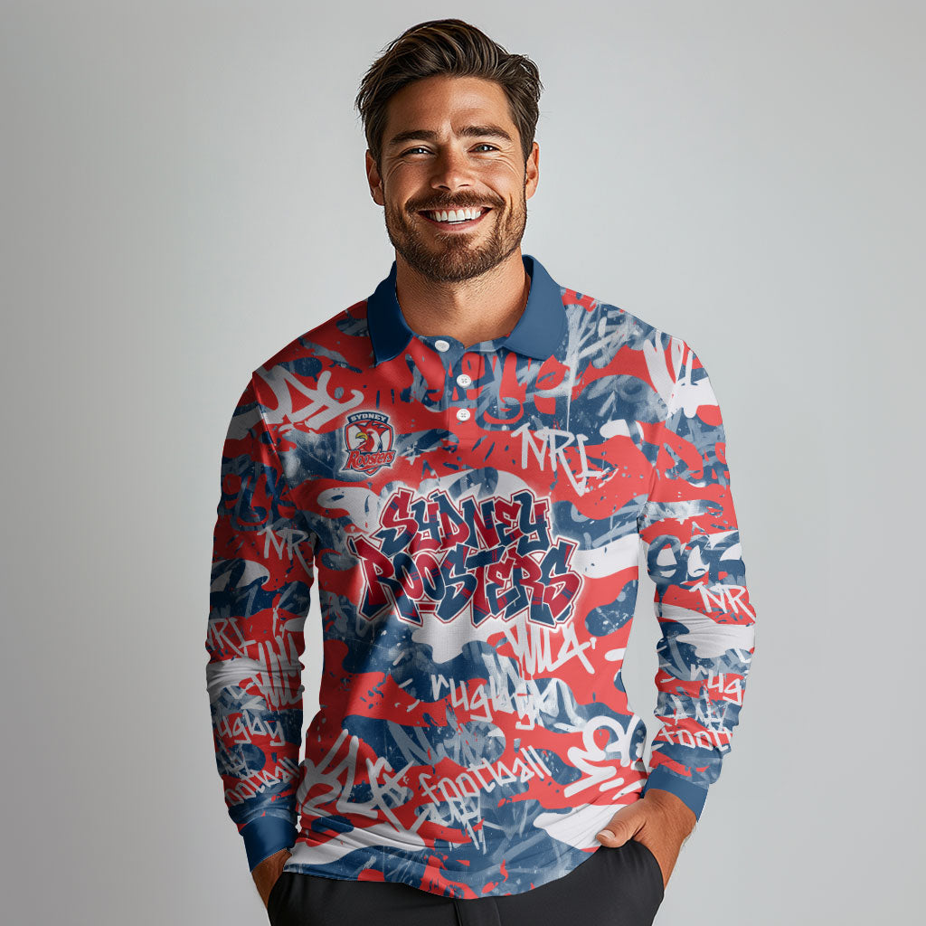 Sydney Roosters Rugby Long Sleeve Polo Shirt Graffiti Typography Urban Camo Abstract Street Style