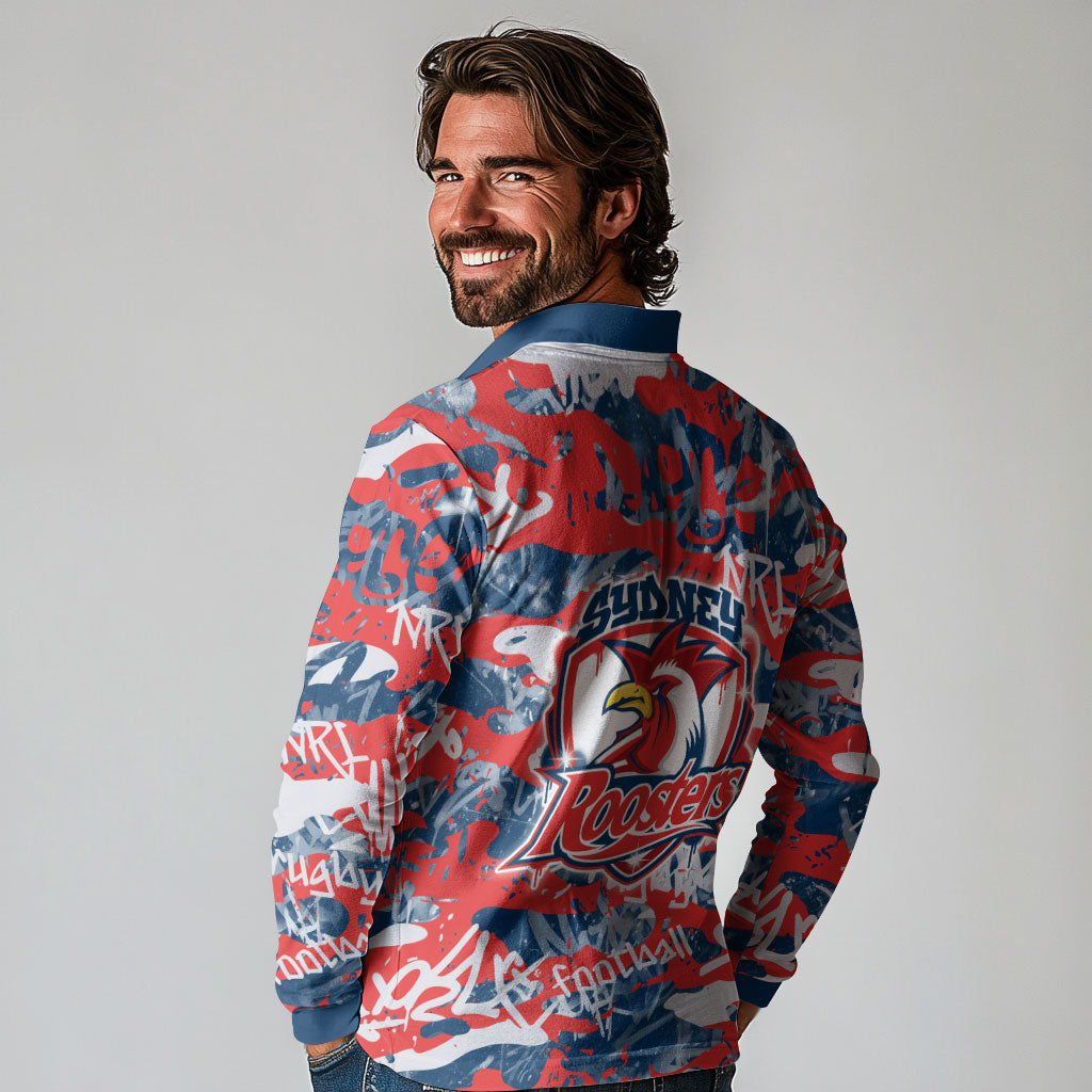 Sydney Roosters Rugby Long Sleeve Polo Shirt Graffiti Typography Urban Camo Abstract Street Style