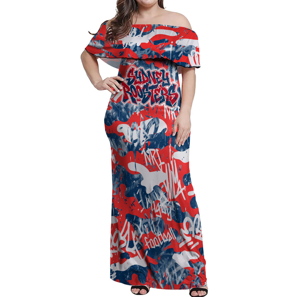 Sydney Roosters Rugby Off Shoulder Maxi Dress Graffiti Typography Urban Camo Abstract Street Style