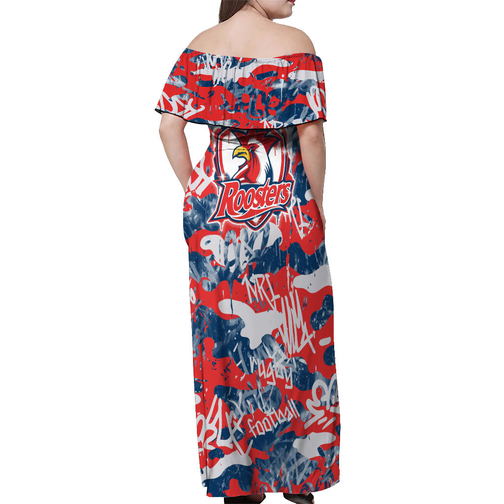 Sydney Roosters Rugby Off Shoulder Maxi Dress Graffiti Typography Urban Camo Abstract Street Style