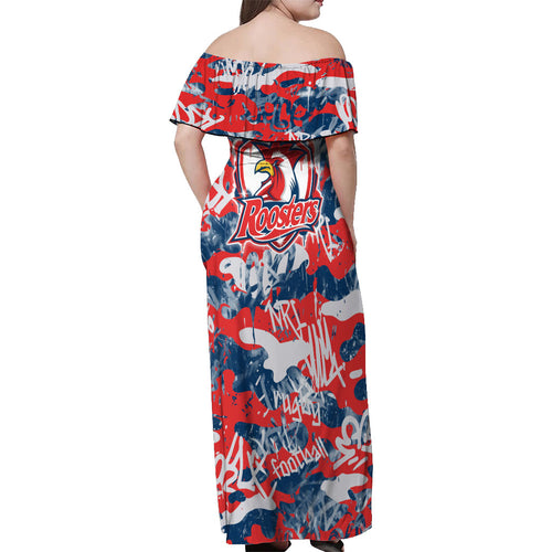 Sydney Roosters Rugby Off Shoulder Maxi Dress Graffiti Typography Urban Camo Abstract Street Style
