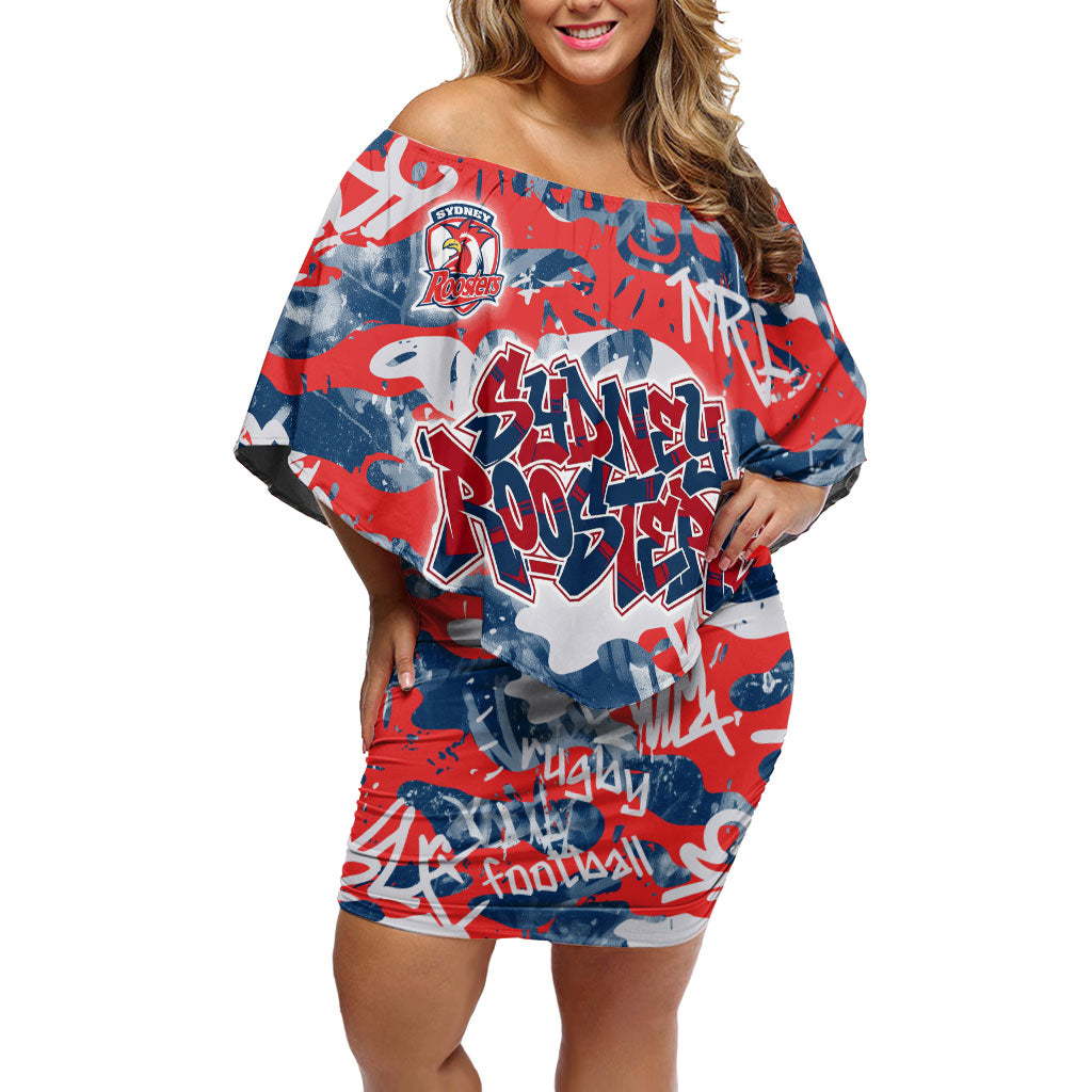 Sydney Roosters Rugby Off Shoulder Short Dress Graffiti Typography Urban Camo Abstract Street Style