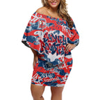 Sydney Roosters Rugby Off Shoulder Short Dress Graffiti Typography Urban Camo Abstract Street Style